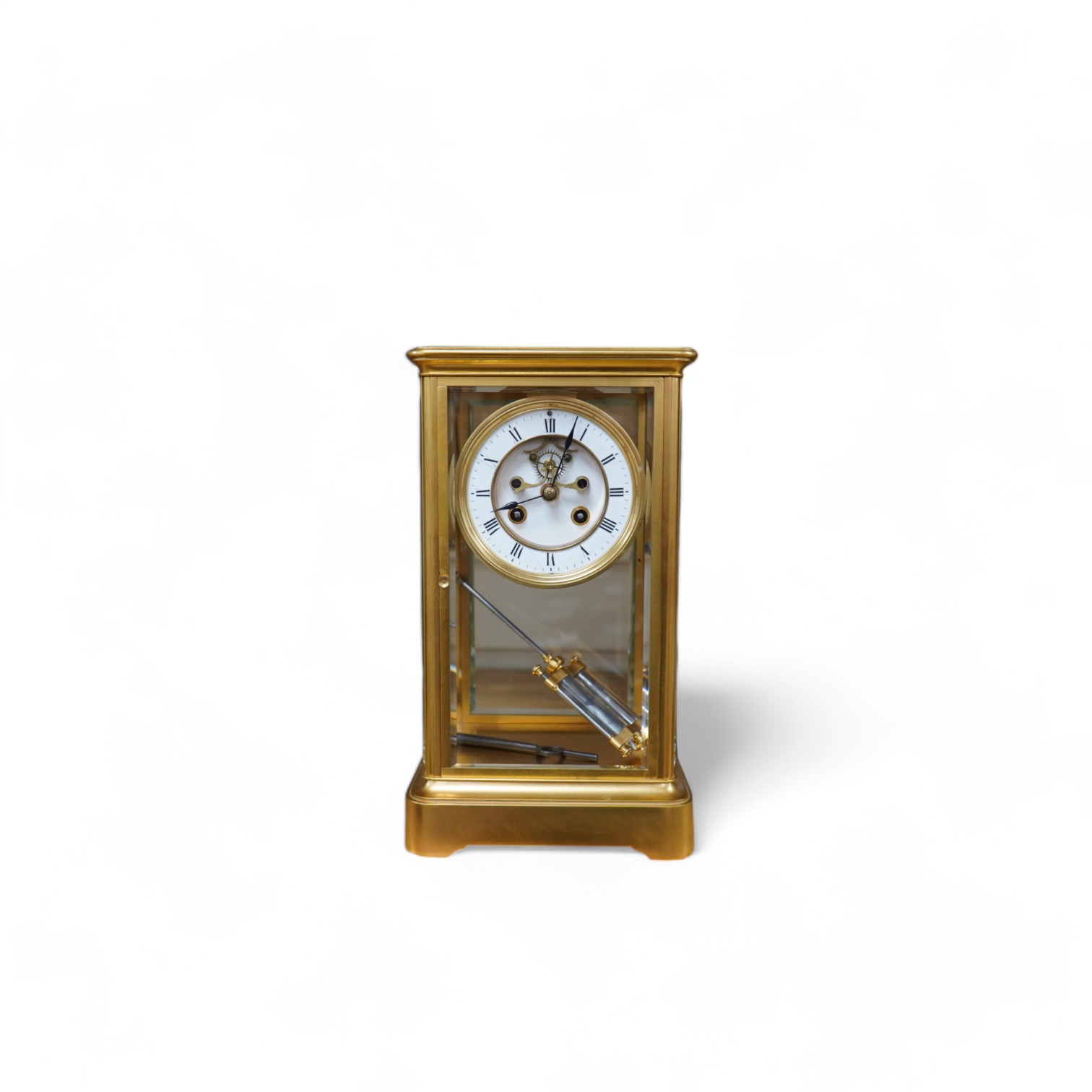 A late 19th century French gilt brass four glass clock, with visible Brocot escapement, key and pendulum, 29.5cm tall. Condition - fair, cracks to dial, not tested